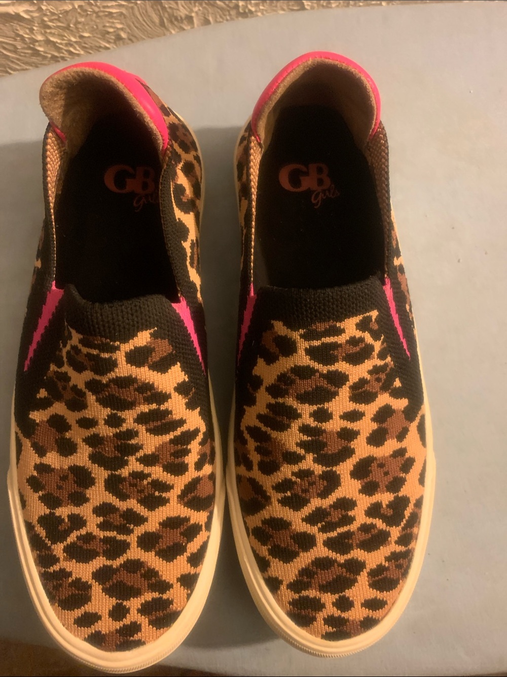 GB Girls Leopard Knit Slip-On Sneakers with Pink Trim